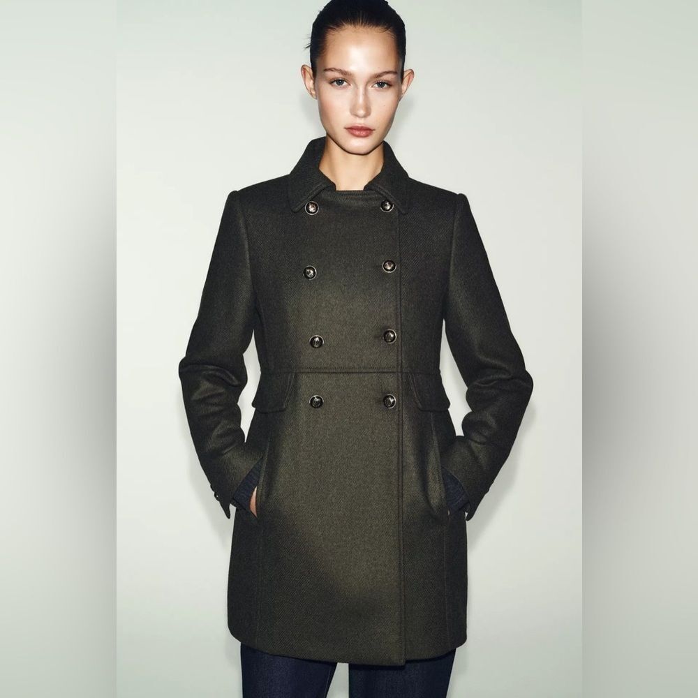 ZARA DOUBLE BREASTED KHAKI WOOL BLEND COAT